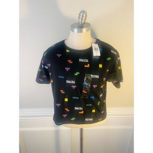 ADORABLE! Tetris Black T-Shirt Size Medium Crop Top Cropped Crew Neck Cotton Ble